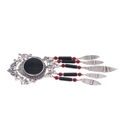 925 Sterling Silver Vintage Black Onyx & Carnelian Ethnic Oxidized Slide Pendant