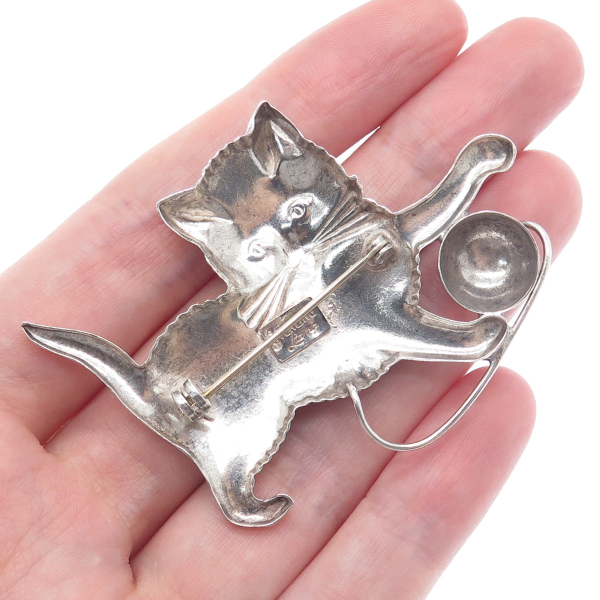LANG 925 Sterling Silver Antique Art Deco Playing Cat Pin Brooch