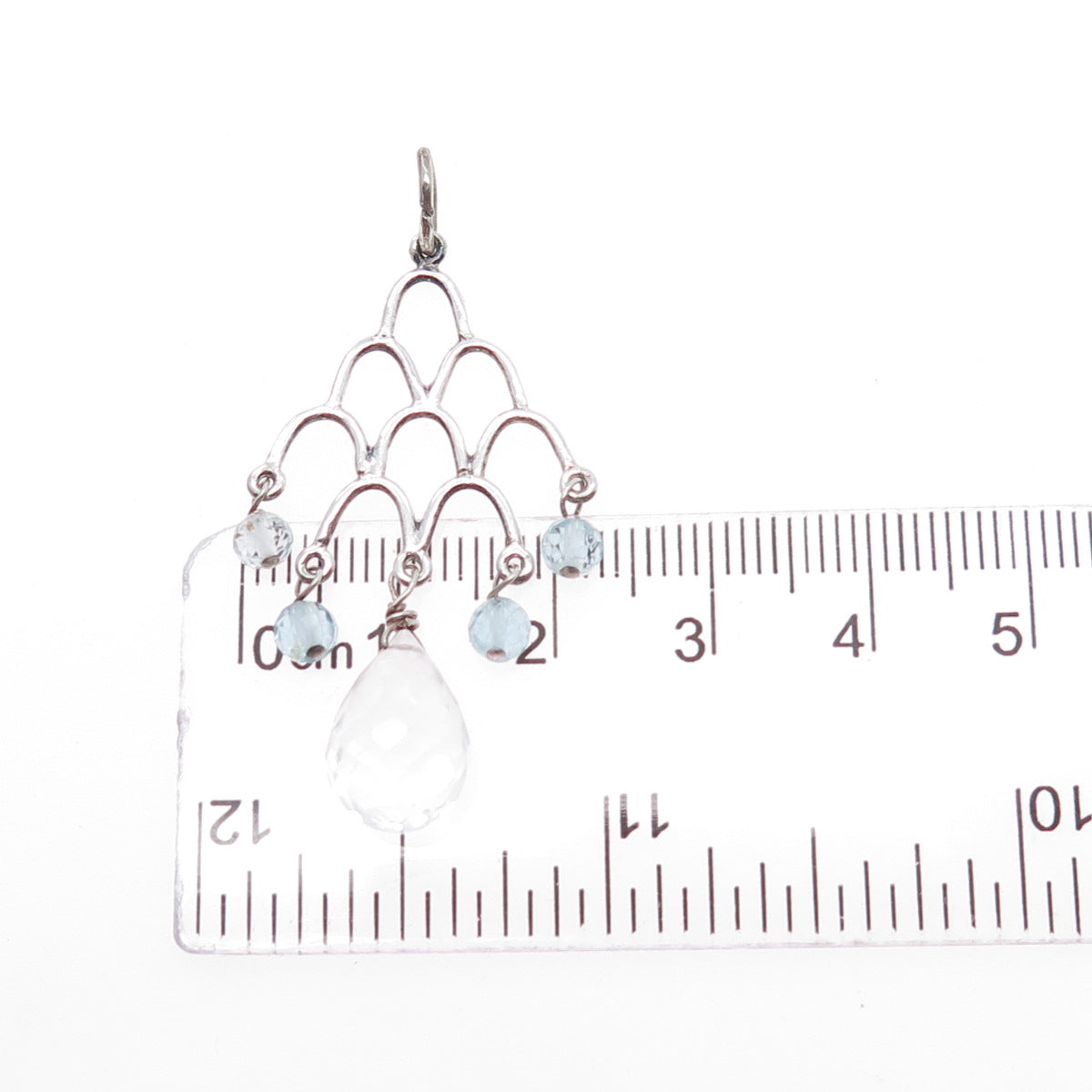 925 Sterling Silver Vintage Real Clear Quartz & Blue Topaz Chandelier Pendant