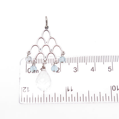 925 Sterling Silver Vintage Real Clear Quartz & Blue Topaz Chandelier Pendant