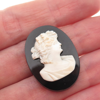Antique Art Deco Real MOP & Black Onyx Carved Lady Cameo