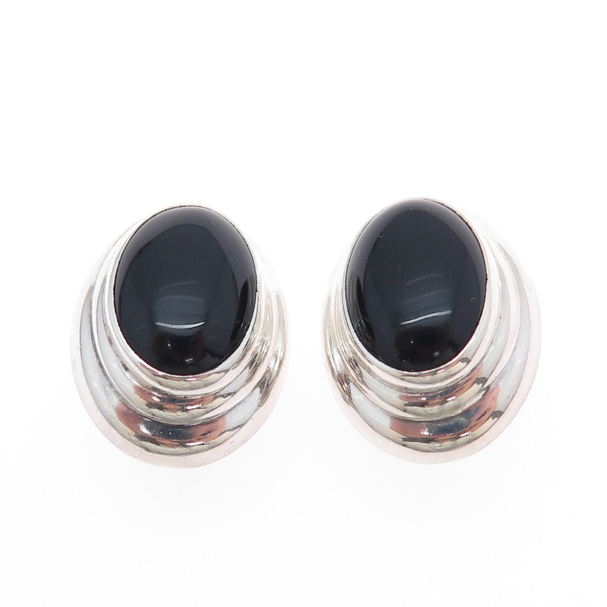 925 Sterling Silver Vintage Mexico Real Black Onyx Modernist Clip On Earrings