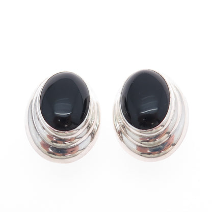 925 Sterling Silver Vintage Mexico Real Black Onyx Modernist Clip On Earrings