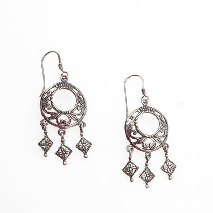 925 Sterling Silver Vintage Crescent Ornate Floral Oxidized Dangle Earrings