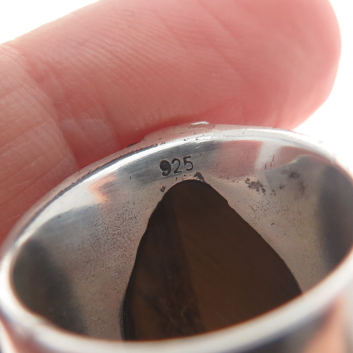 925 Sterling Silver Vintage Pear-Cut Tiger Eye Heart Oxidized Ring Size 8.75