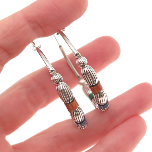 925 Sterling Silver Vintage Multi-Color Beads Hoop Earrings