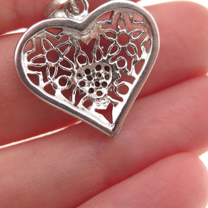 925 Sterling Silver Round-Cut C Z Floral Heart Charm Pendant