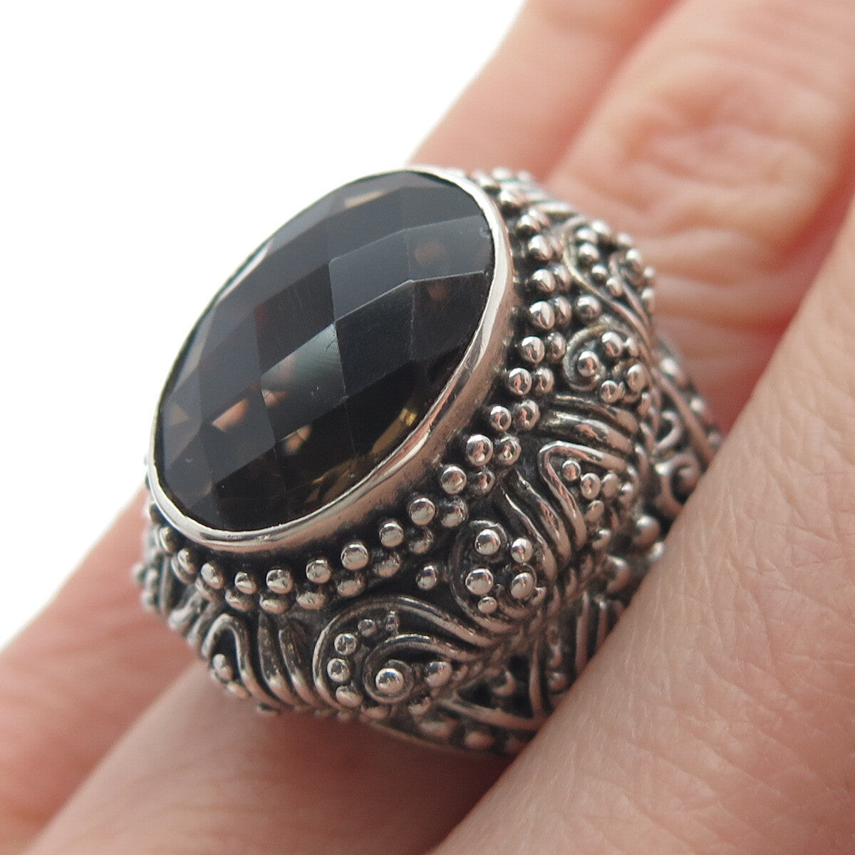 SARDA Sterling Silver Vintage Smoky Quartz Granulated Oxidized Ring Size 5.25