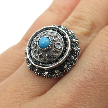 925 Sterling Silver Vintage Faux Turquoise Cannetille Oxidized Ring Size 5