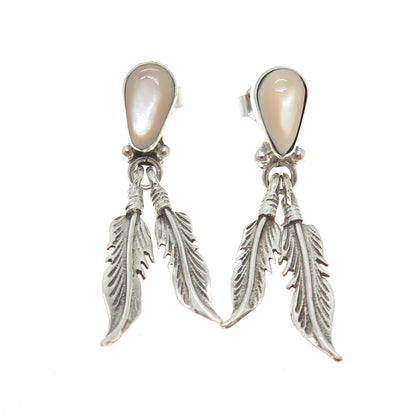 925 Sterling Silver Vintage Southwestern Mother-of-Pearl Ethnic Feather Earrings