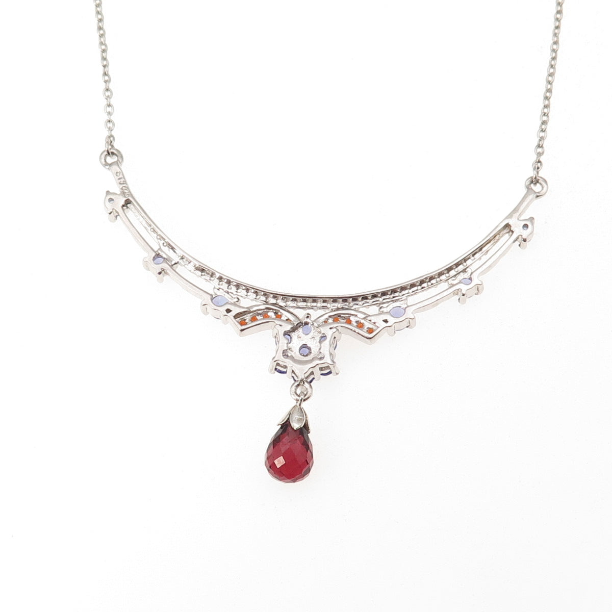 Chuck Clemency Sterling Silver Real Garnet Tanzanite & Topaz Chain Necklace 18"