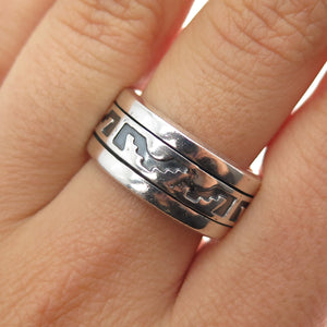 925 Sterling Silver Vintage Aztec Rotating Band Oxidized Ring Size 9.25
