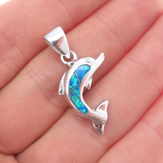 925 Sterling Silver Vintage Real Opal Dolphin Mini Charm Pendant