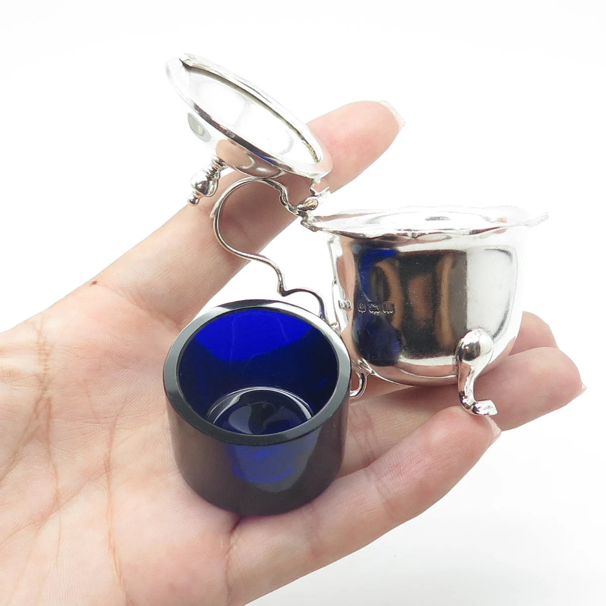 925 Sterling Silver & Glass Antique 1921 E S Barnsley Birmingham Mustard Pot