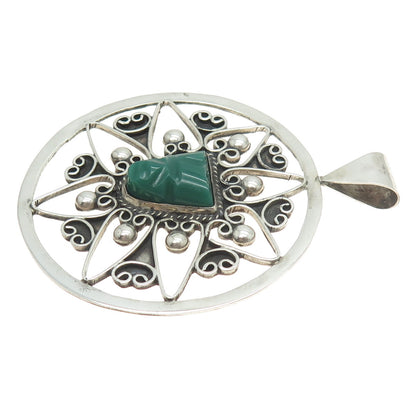 900 Silver Vintage Mexico Real Green Onyx Gemstone Tribal Pendant