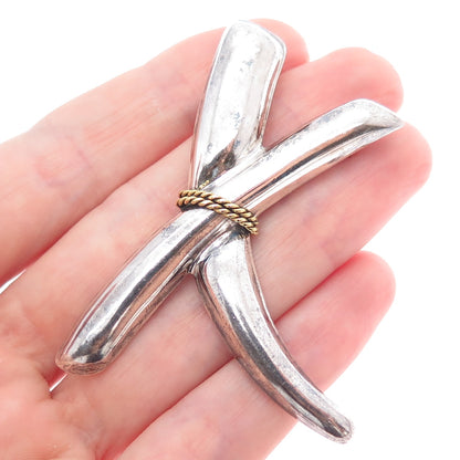 925 Sterling Silver 2-Tone Vintage Mexico Modernist Crisscross Brooch / Pendant