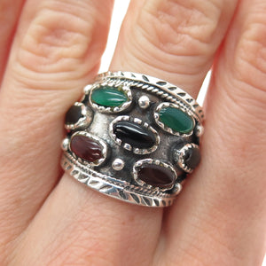 925 Sterling Silver Vintage Real Black & Green Onyx Carnelian Ring Size 9.25