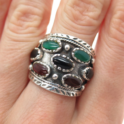 925 Sterling Silver Vintage Real Black & Green Onyx Carnelian Ring Size 9.25