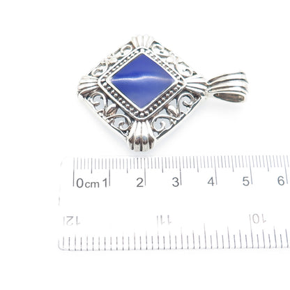 925 Sterling Silver Vintage Mexico Real Lapis Ornate Oxidized Charm Pendant