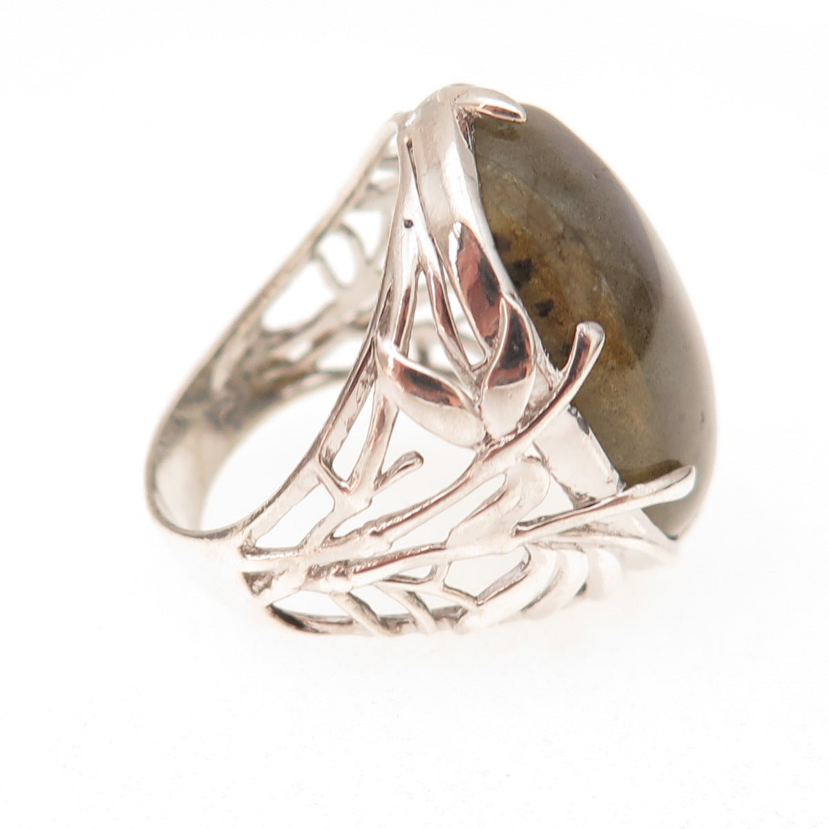 925 Sterling Silver Real Labradorite Floral Ring Size 8.25