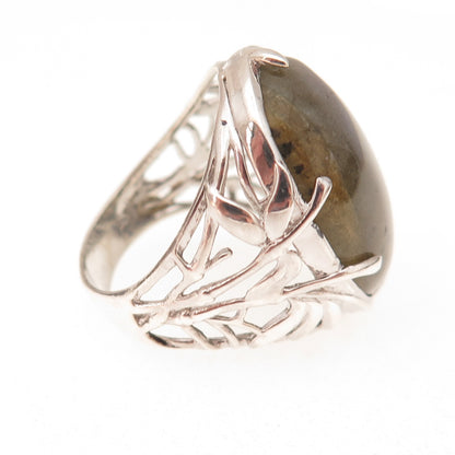 925 Sterling Silver Real Labradorite Floral Ring Size 8.25