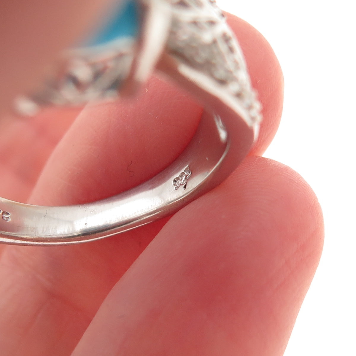 Chuck Clemency 925 Sterling Silver Real Turquoise & White Topaz Ring Size 8.25