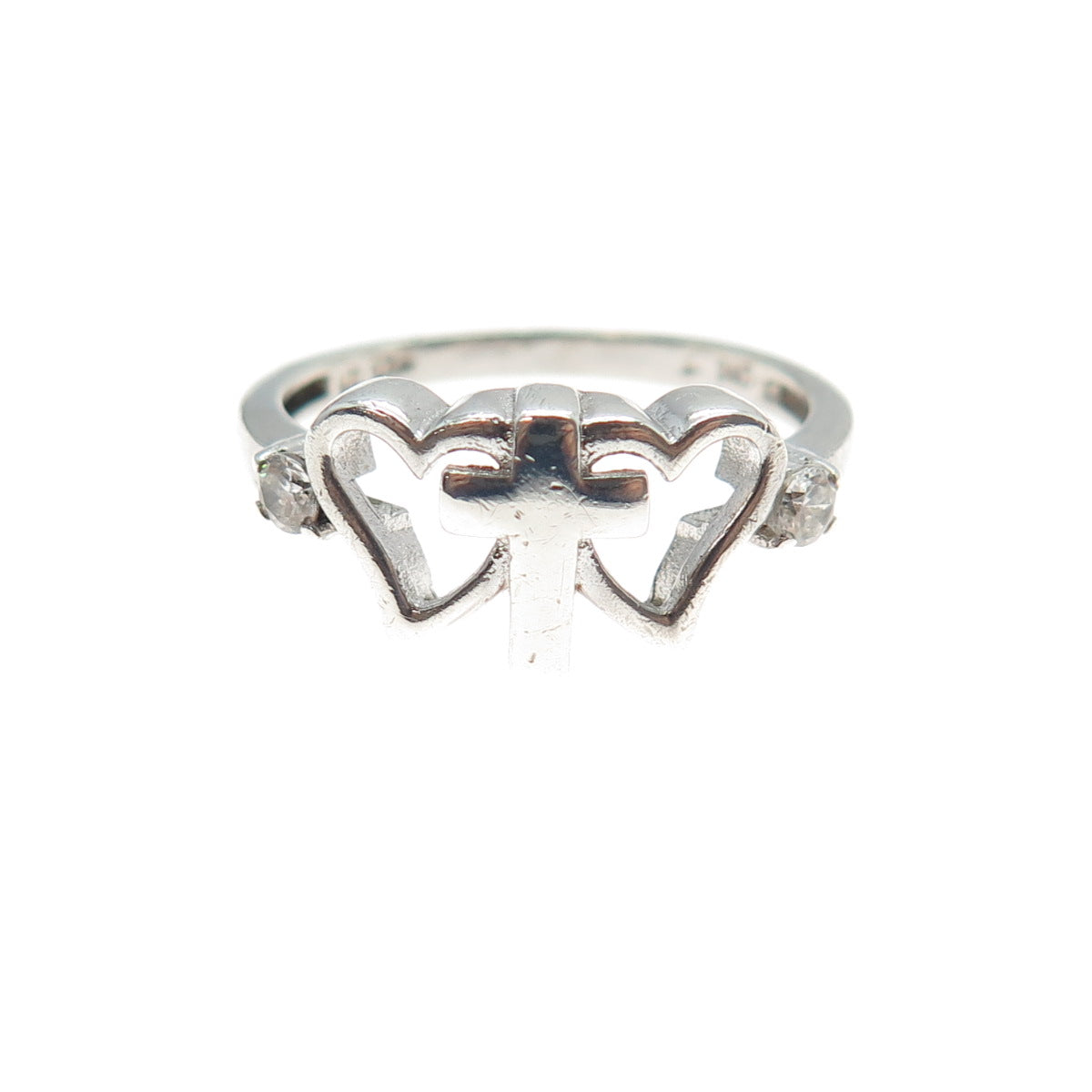 925 Sterling Silver Vintage C Z Cross Couple Heart Ring Size 7.25