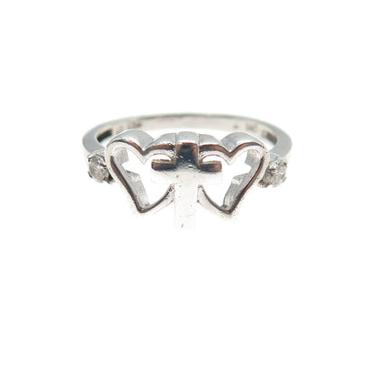 925 Sterling Silver Vintage C Z Cross Couple Heart Ring Size 7.25
