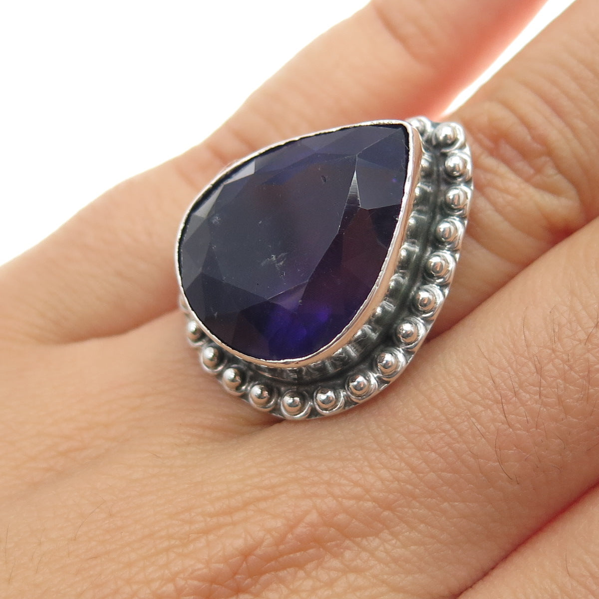 925 Sterling Silver Vintage Real Amethyst Beaded Oxidized Ring Size 5.75