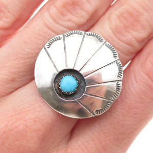 Old Pawn Sterling Vintage Turquoise Snake Eye Concho Shadow Box Ring Size 7.25