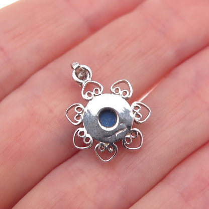 925 Sterling Silver Antique Art Deco Lab-Created Star Sapphire Floral Pendant