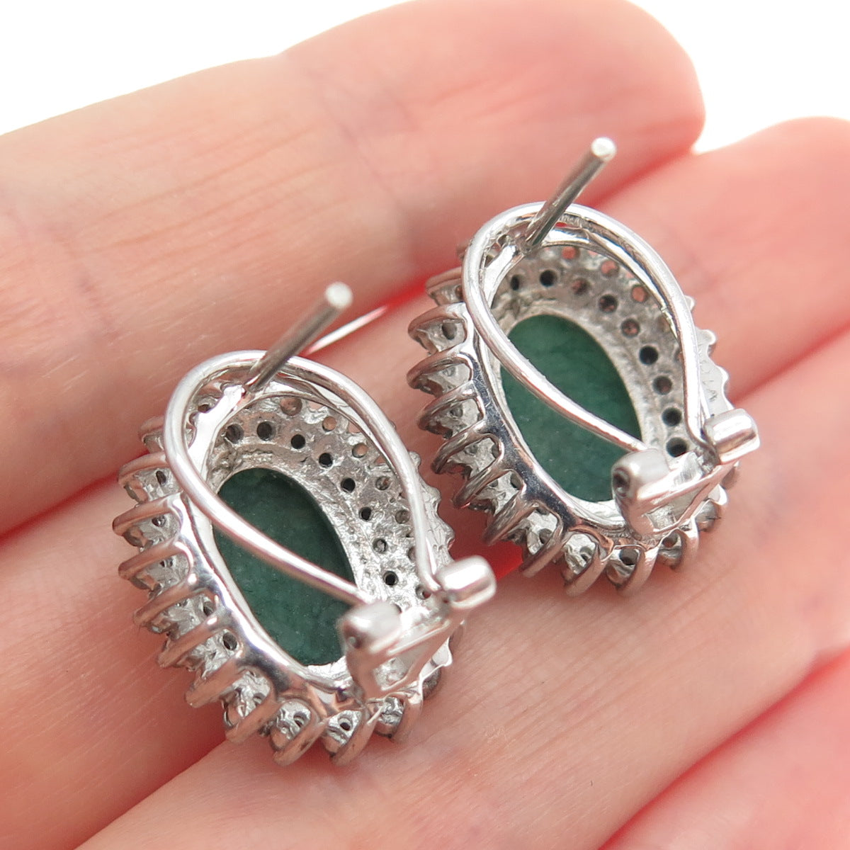 925 Sterling Silver Real Black & White Diamond Emerald Omega Back Earrings