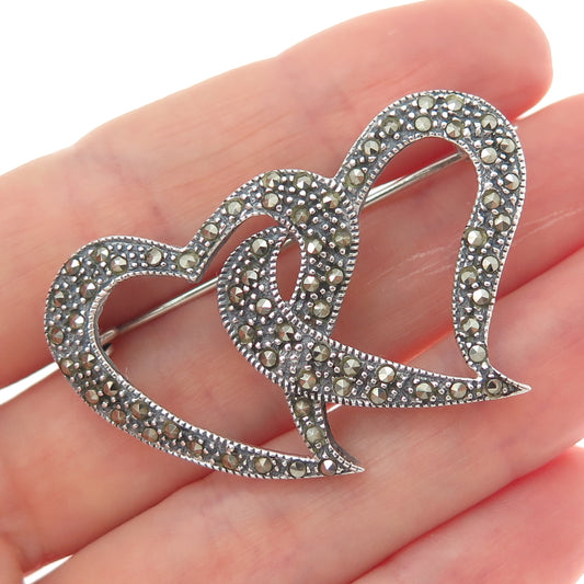 925 Sterling Silver Vintage Real Marcasite Couple Heart Oxidized Pin Brooch
