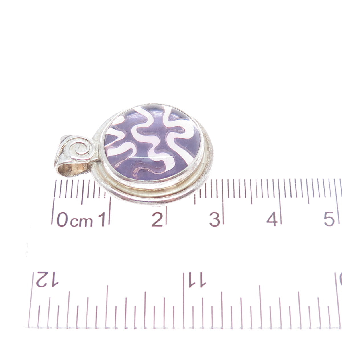 925 Sterling Silver Vintage Purple Glass Modernist Charm Pendant