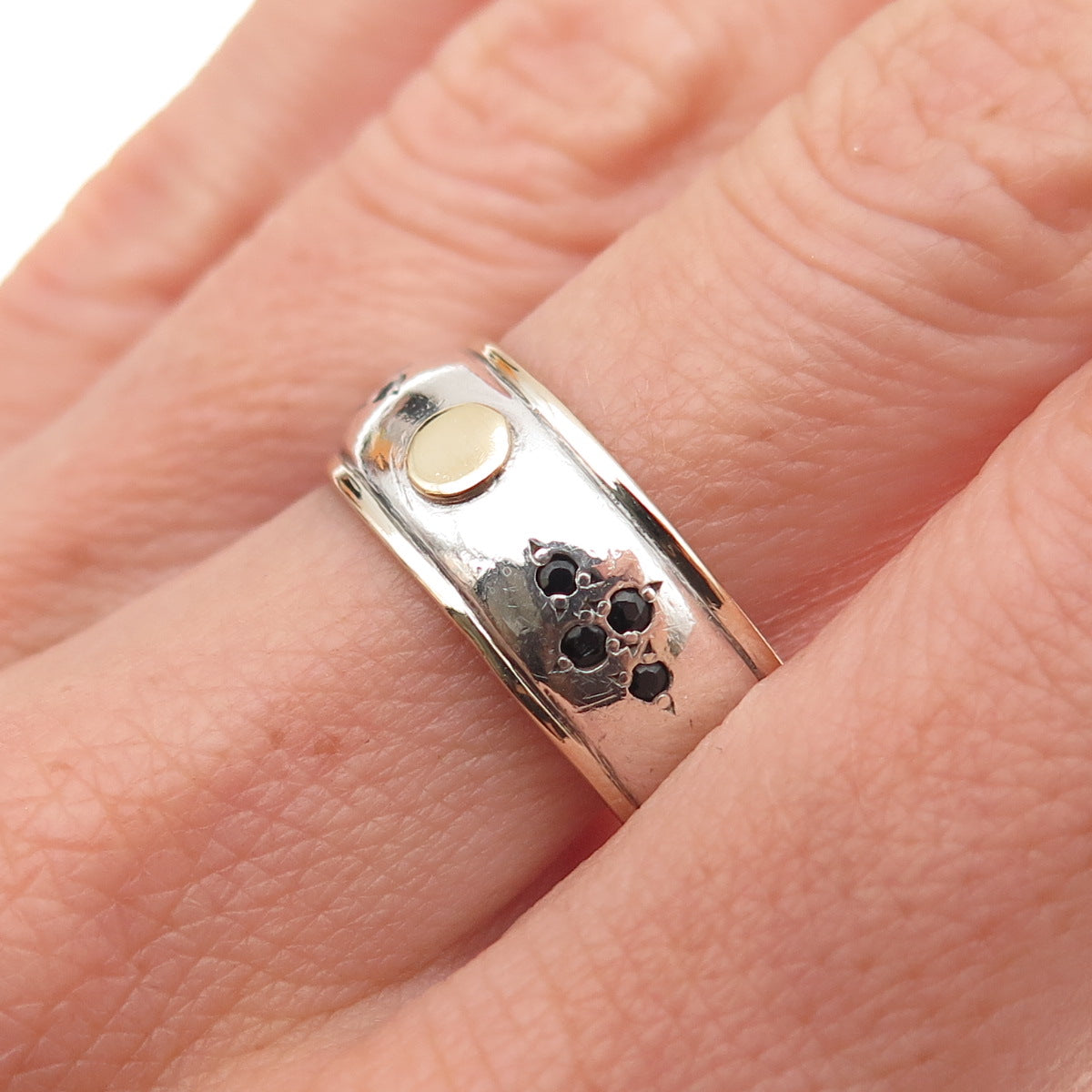 925 Sterling Silver 14K Gold Vintage Real Sapphire Band Ring Size 9