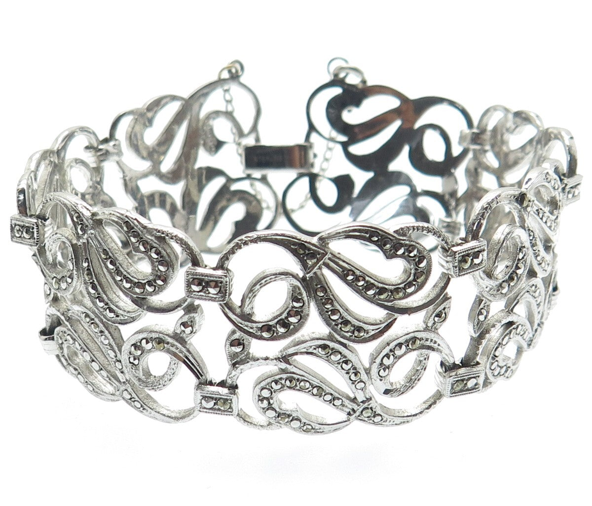 925 Sterling Silver Antique Art Deco Real Marcasite Ornate Bracelet 7.5"