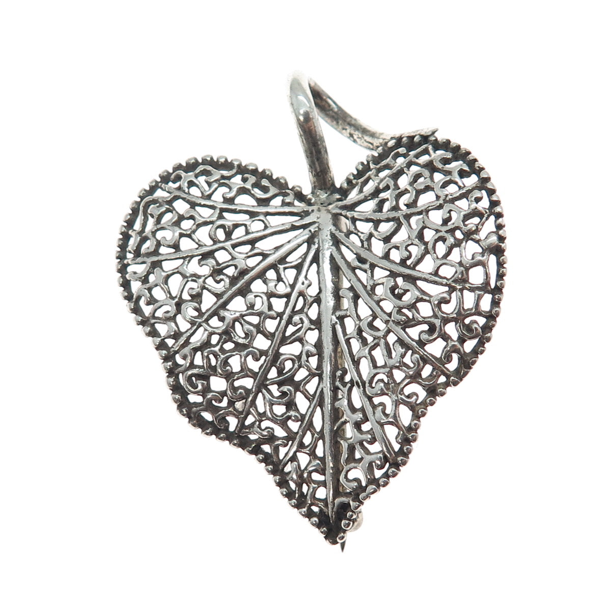 925 Sterling Silver Vintage Ornate Floral Leaf Oxidized Pin Brooch