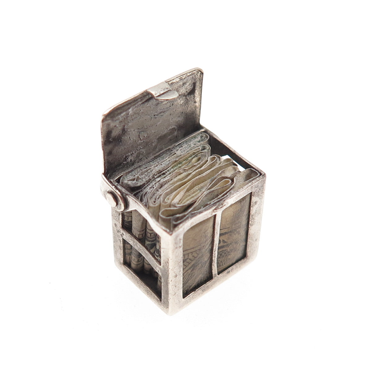 925 Sterling Silver Antique Art Deco One Dollar Bill Box Good Luck Mini Pendant
