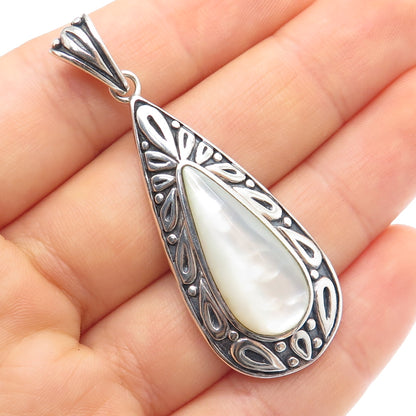 925 Sterling Silver Vintage Real MOP Ornate Teardrop Oxidized Pendant