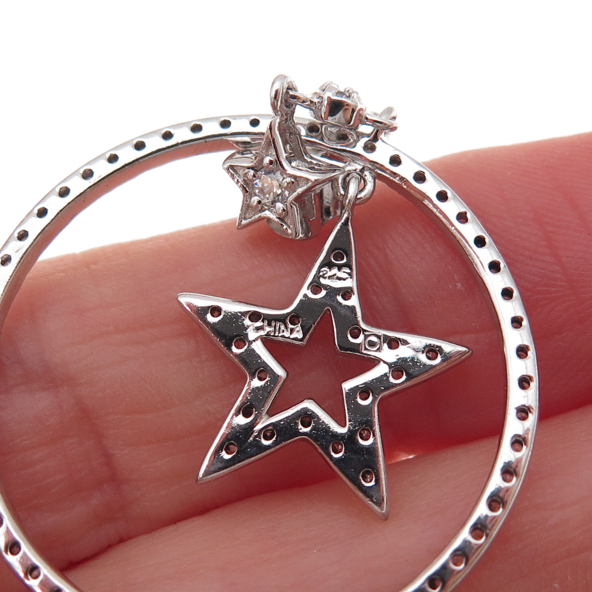 925 Sterling Silver Round-Cut C Z Star Dangle Earrings