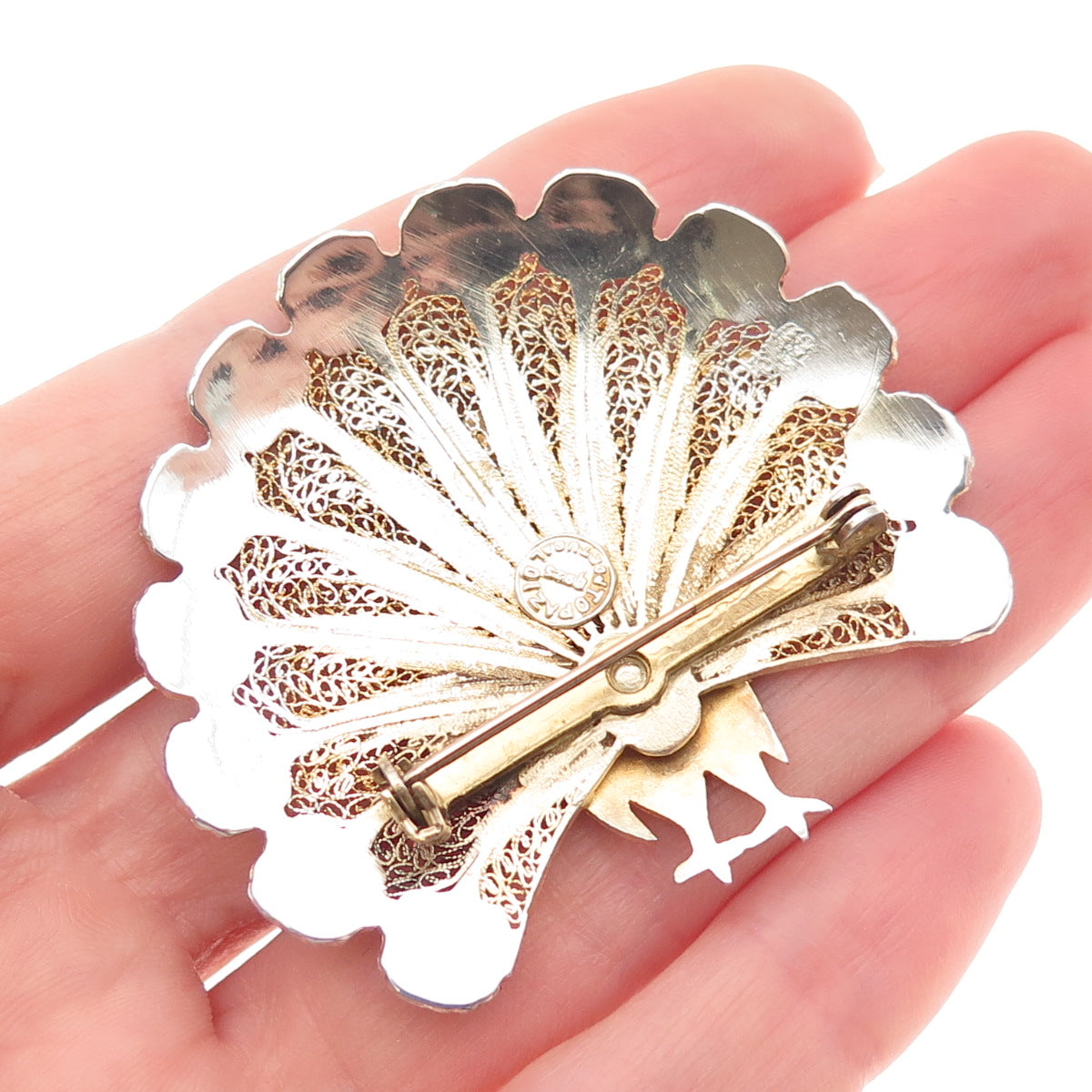 TOPAZIO 925 Sterling Gold Plated Vintage Portugal Enamel Peacock Filigree Brooch