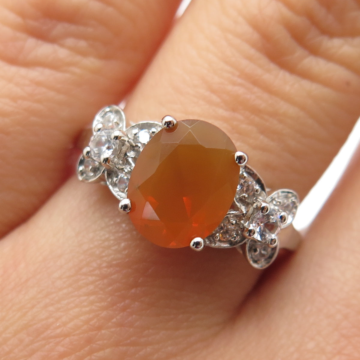 925 Sterling Silver Real Oval-Cut Opal & White Topaz Floral Ring Size 7