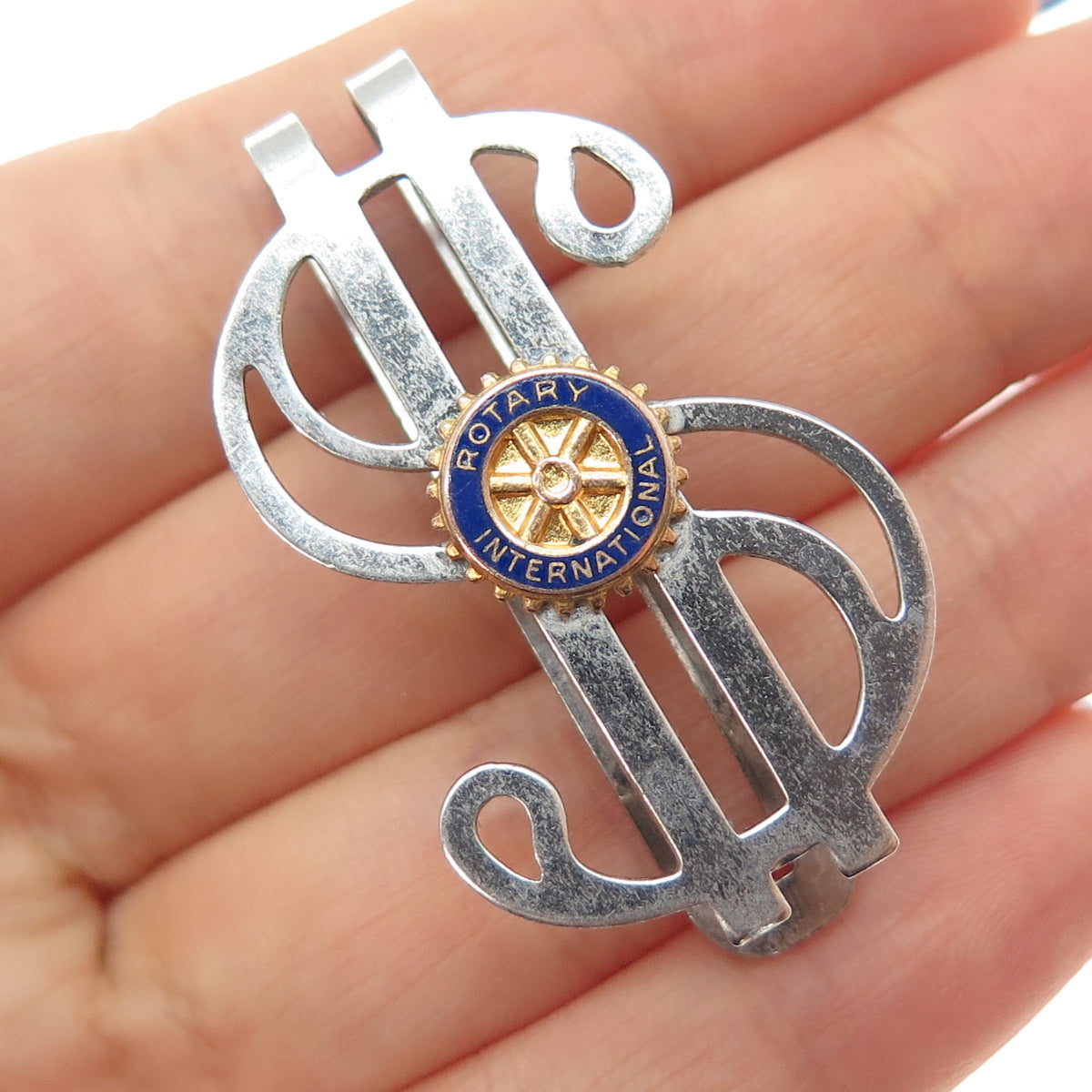 925 Sterling 2-Tone Antique Art Deco Enamel Rotary Intl. Dollar Sign Money Clip