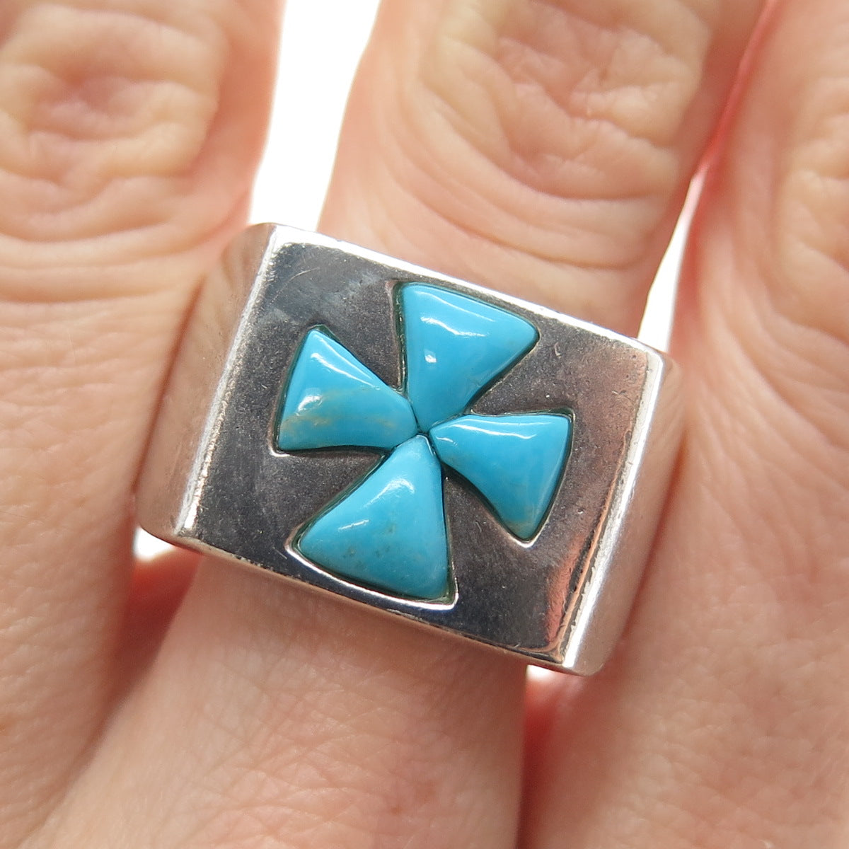 JAY KING DESERT ROSE 925 Sterling Vintage Real Turquoise Cross Ring Size 10.25