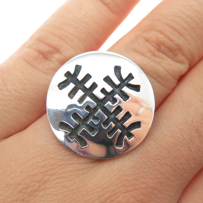 925 Sterling Silver Vintage Mexico Modernist Cross Disc Oxidized Ring Size 6.75