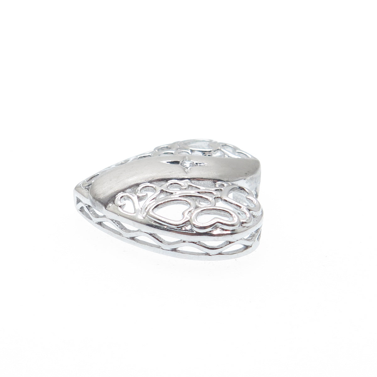925 Sterling Silver Round-Cut C Z Heart Ornate Charm Slide Pendant