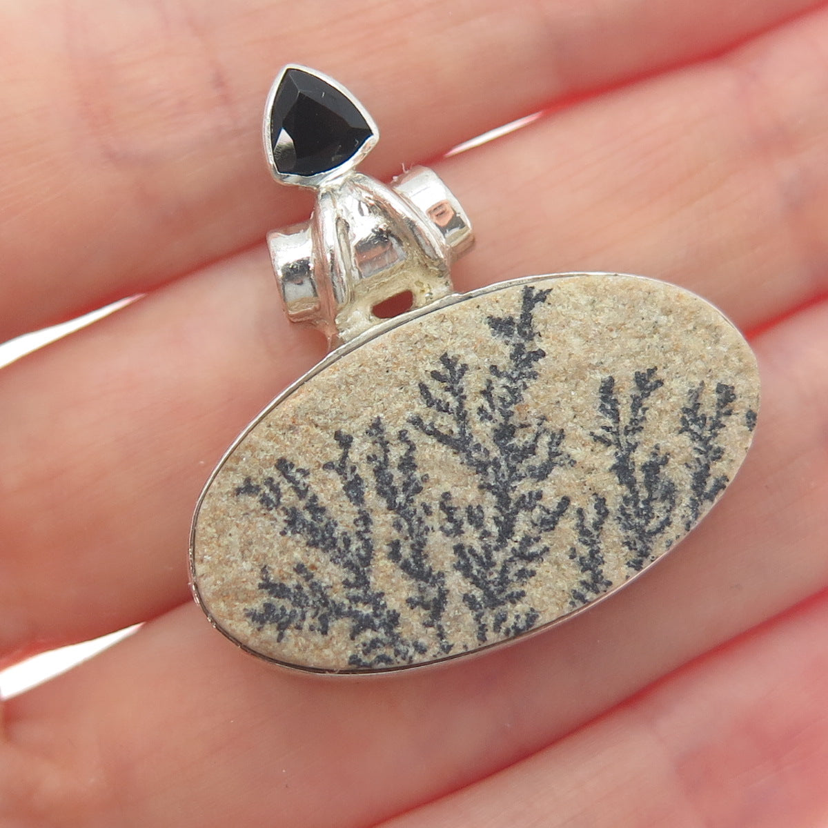 925 Sterling Silver Vintage Real Dendritic Psilomelane & Spinel Slide Pendant