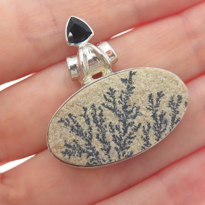 925 Sterling Silver Vintage Real Dendritic Psilomelane & Spinel Slide Pendant