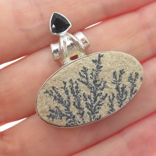 925 Sterling Silver Vintage Real Dendritic Psilomelane & Spinel Slide Pendant