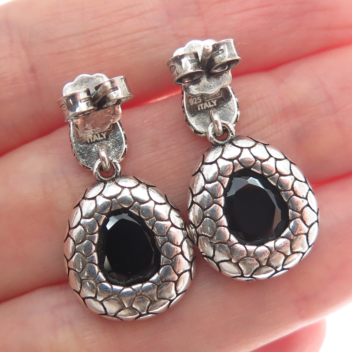 925 Sterling Silver Vintage Italy Real Black Spinel Gem Dangle Oxidized Earrings